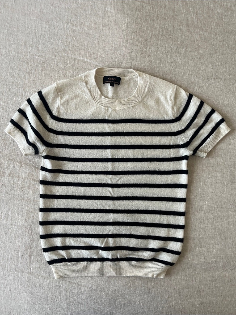 Quince Short-Sleeve Crewneck Sweater in White and Black Stripes
